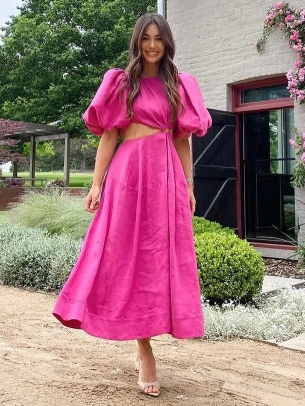Aje Vanades Cut Out Puff Sleeve Midi Dress Pink